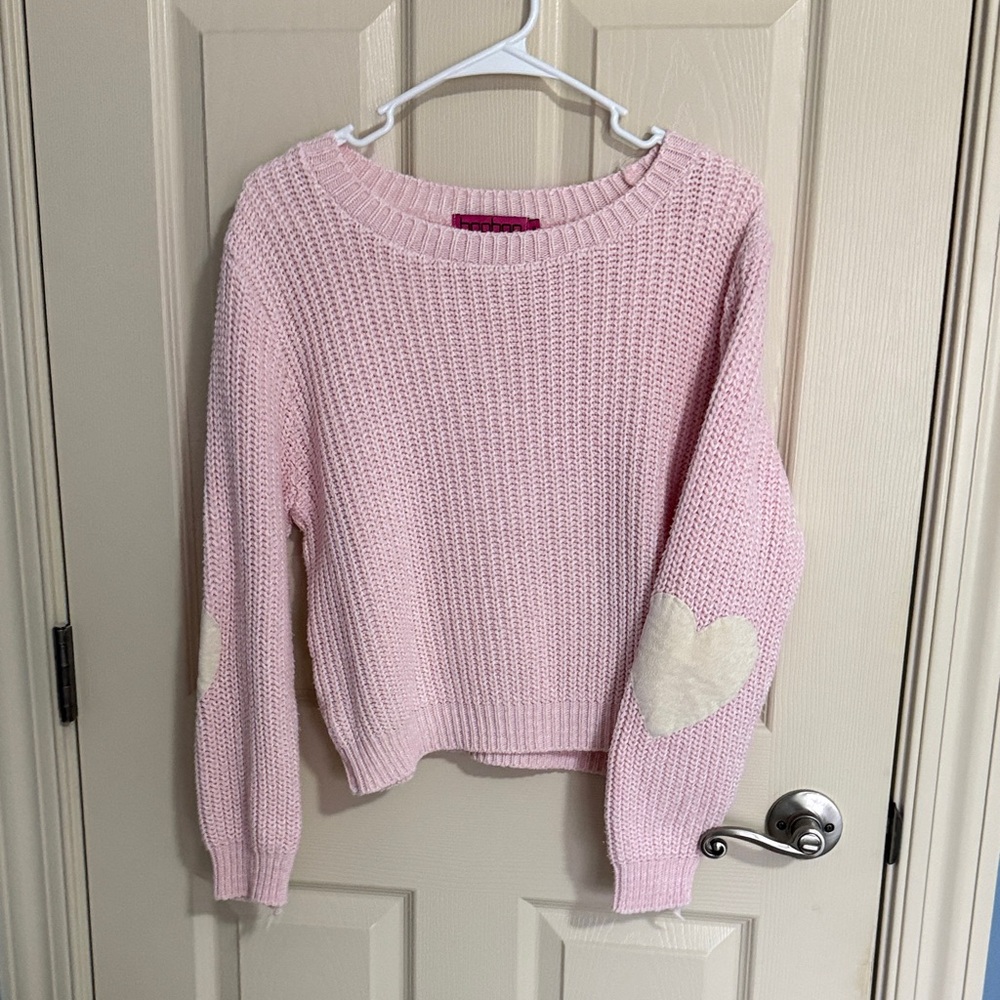 Boohoo Pink Sweater with White Heart Elbow Patches
